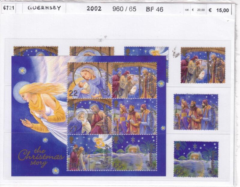 Francobolli e Foglietto Guernsey, Anno 2002, Natale (cat. n. 960-965, BF n. 46)