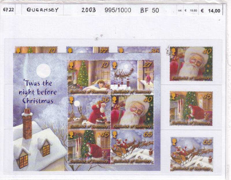 Francobolli e Foglietto Guernsey, Anno 2003, Natale (cat. n. 995-1000, BF n. 50)