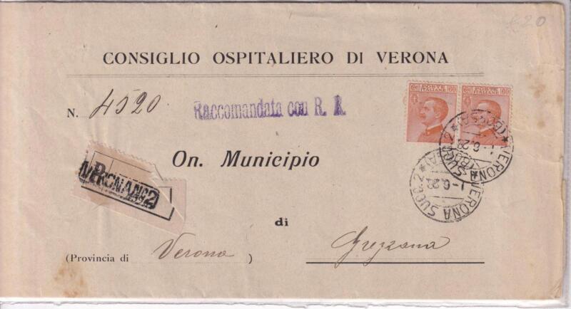 Storia postale. Raccomandata da Verona 2 1596 del 01/08/1928 a Grezzana