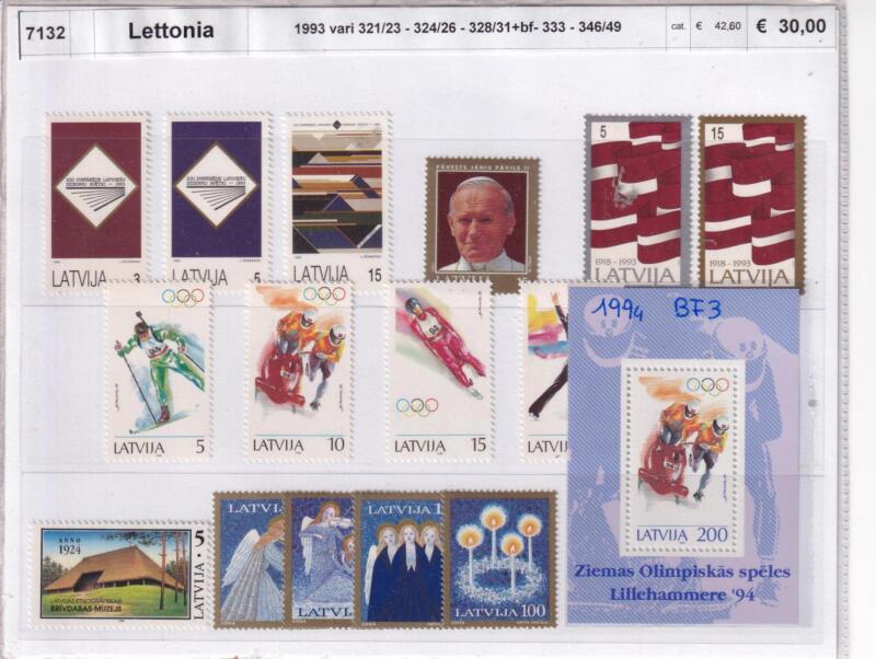 Francobolli e Foglietto Lettonia, Anno 1993, Varie emissioni (cat. n. 321-323, n. 324-326, n. 328-331, n. 333, n. 346-349, BF n. 3)