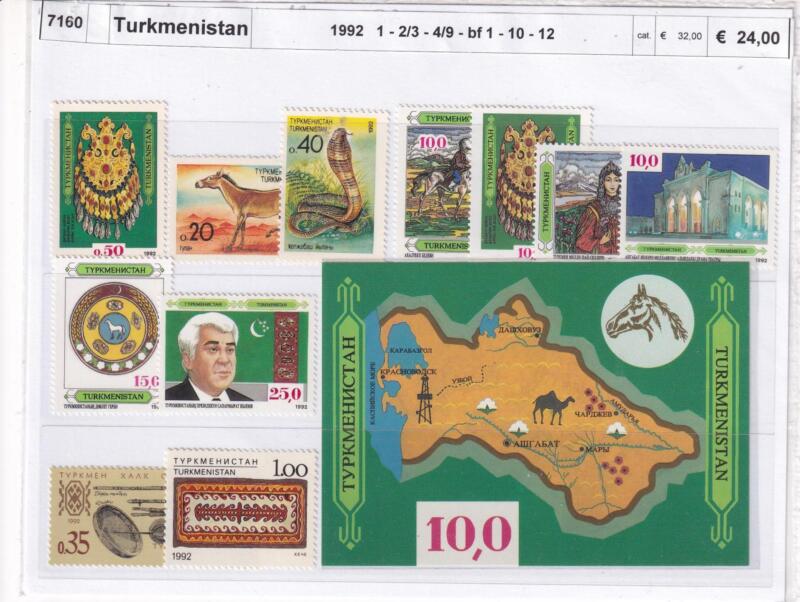 Francobolli e Foglietto Turkmenistan, Anno 1992, Varie emissioni (cat. n. 1, n. 2-3, n. 4-9, n. 10, n. 12, BF n. 1)