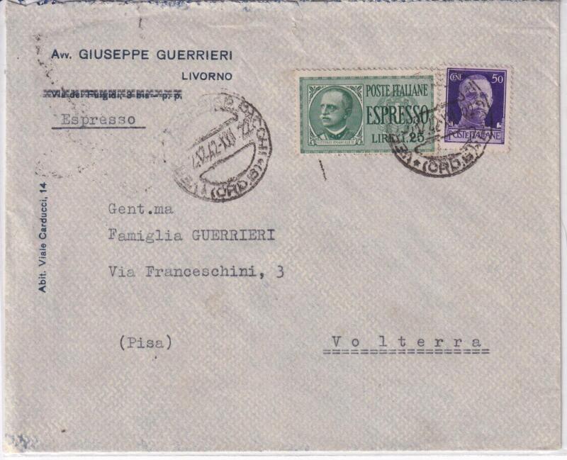 Storia postale. Espresso da Verona 02/12/1942 a Volterra 02/12/1942
