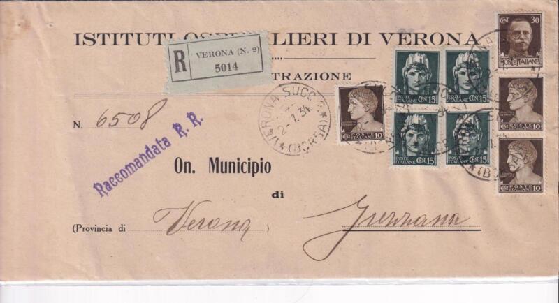 Storia postale. Raccomandata da Verona 2 5014 del 02/07/1934 a Grezzana
