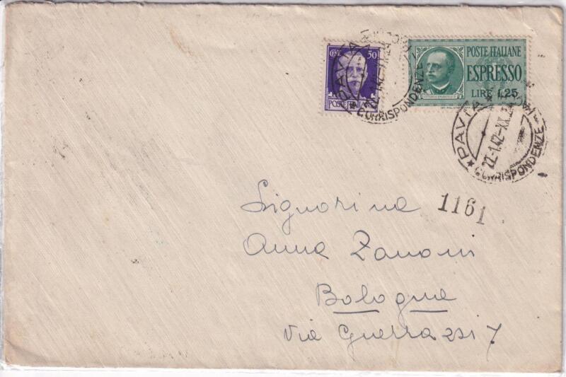 Storia postale. Espresso da Pavia 22/01/1942 a Bologna 22/01/1942