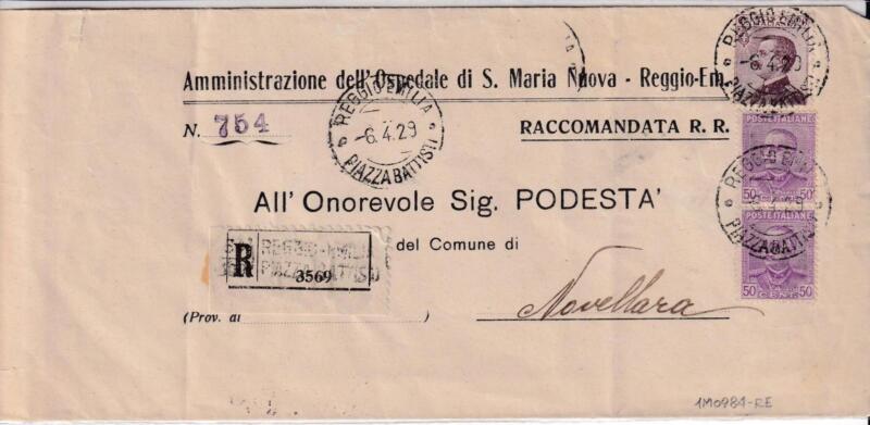 Storia postale. Raccomandata R. R. da Reggio Emilia 3569 del 06/04/1929 a Novellara