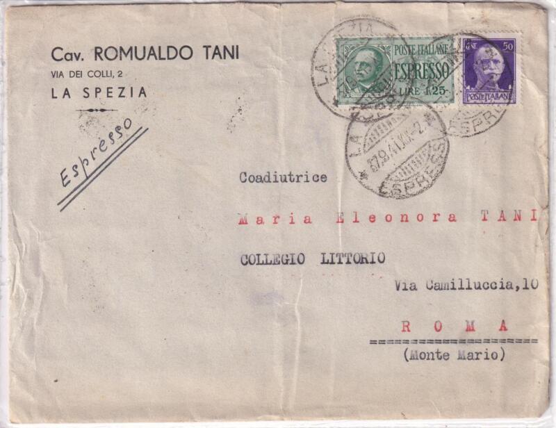 Storia postale. Espresso da La Spezia 27/09/1941 a Roma 27/09/1941