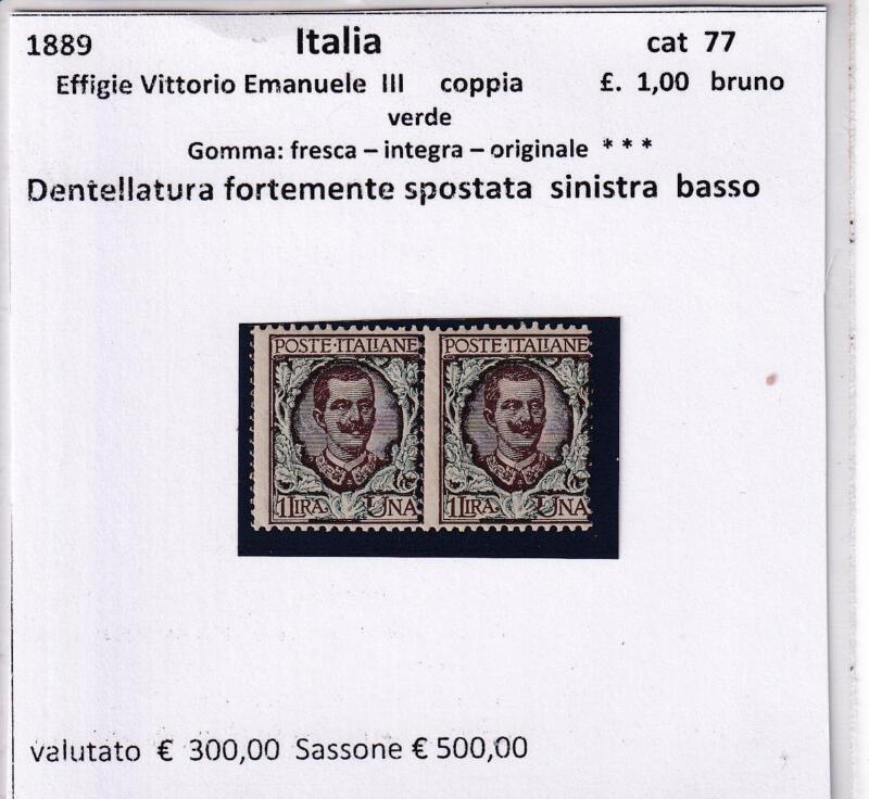 Coppia di Francobolli Regno d’Italia, Anno 1901, Serie Floreale Effigie Vittorio Emanuele III Lire 1 bruno verde (cat. n. 77)