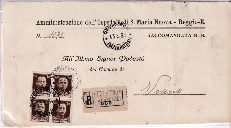 Storia postale. Raccomandata R. R. da Reggio Emilia 665 del 13/03/1934 a Viano 14/3/1934