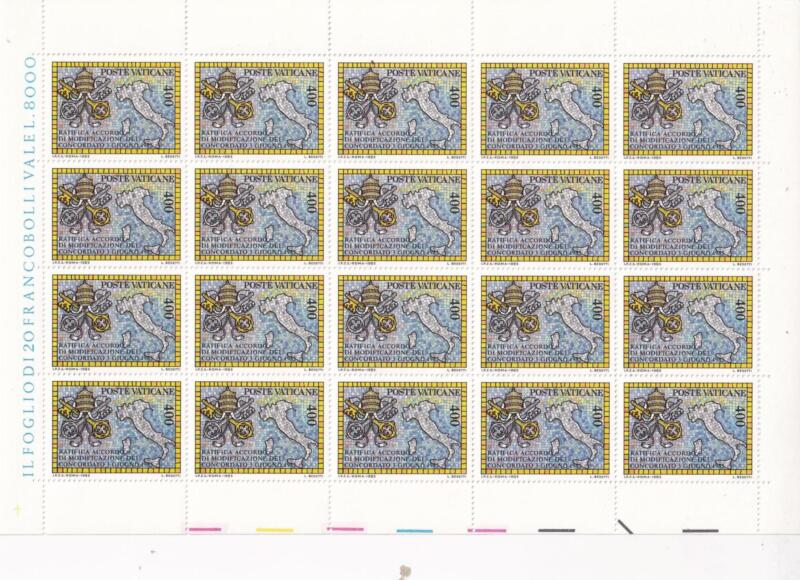 Foglio Francobolli Vaticano, Anno 1985, Ratifica dell’accordo di modificazione del Concordato con lo Stato Italiano (cat. n. 783)