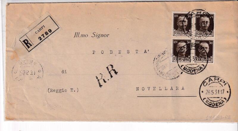 Storia postale. Raccomandata R. R. da Carpi 2789 del 28/05/1931 a Novellara 29/05/1931