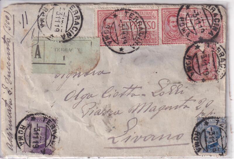 Storia postale. Assicurata Espresso Terracina del 03/11/1919 a Livorno 05/11/1919