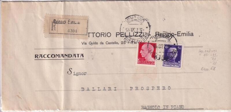 Storia postale. Raccomandata da Reggio Emilia R 4204 del 05/07/1930 a Bagnolo In Piano 05/07/1930
