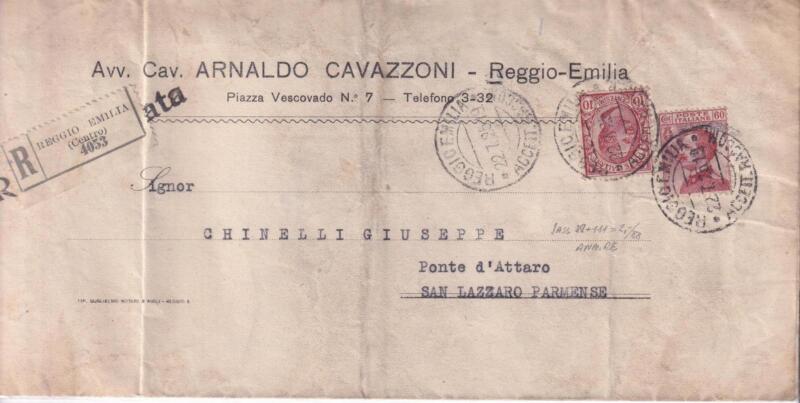 Storia postale. Raccomandata da Reggio Emilia R 4053 del 22/07/1925 a San Lazzaro Parmense