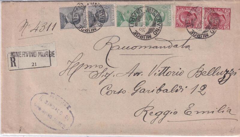 Storia postale. Raccomandata da Minervino Murge R 21 del 12/08/1926 a Reggio Emilia