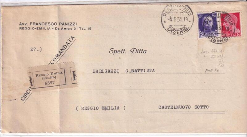 Storia postale. Raccomandata da Reggio Emilia R 5597 del 05/05/1931 a Castelnuovo Sotto STAMPE