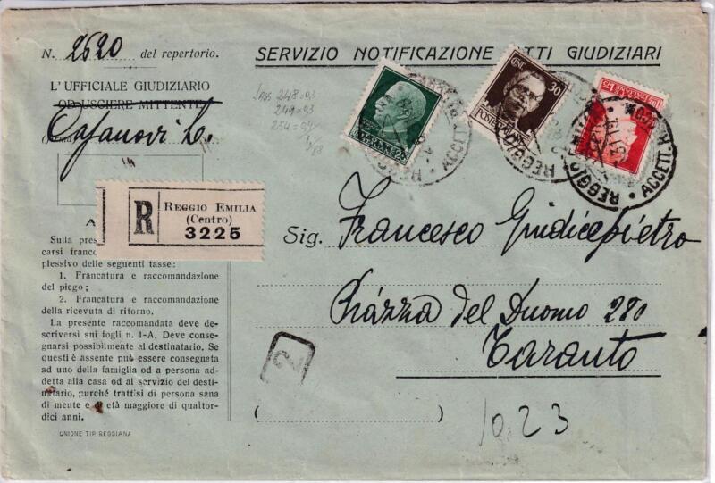 Storia postale. Atto giudiziario. Raccomandata da Reggio Emilia R 3225 del 02/06/1931 a Taranto
