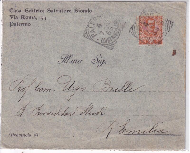 Storia postale. Lettera da Palermo 04/07/1908 a Reggio Emilia 06/07/1908