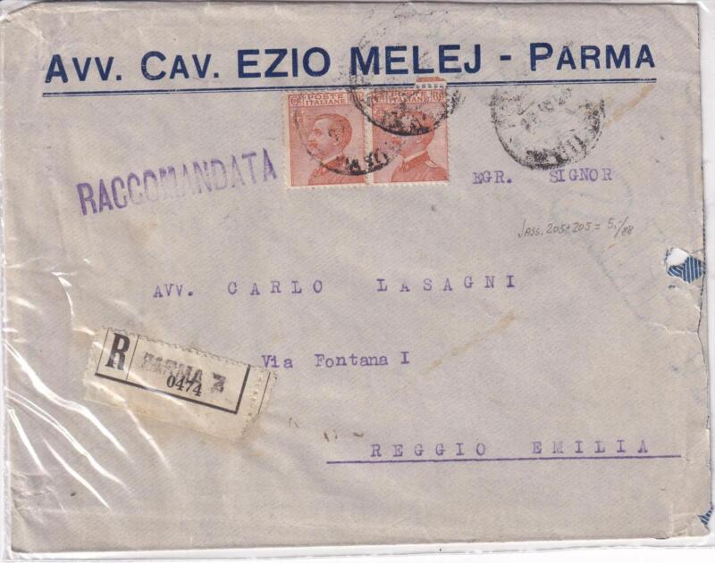 Storia postale. Raccomandata da Parma 3 R 0474 del 22/10/1927 a Reggio Emilia 23/10/1927
