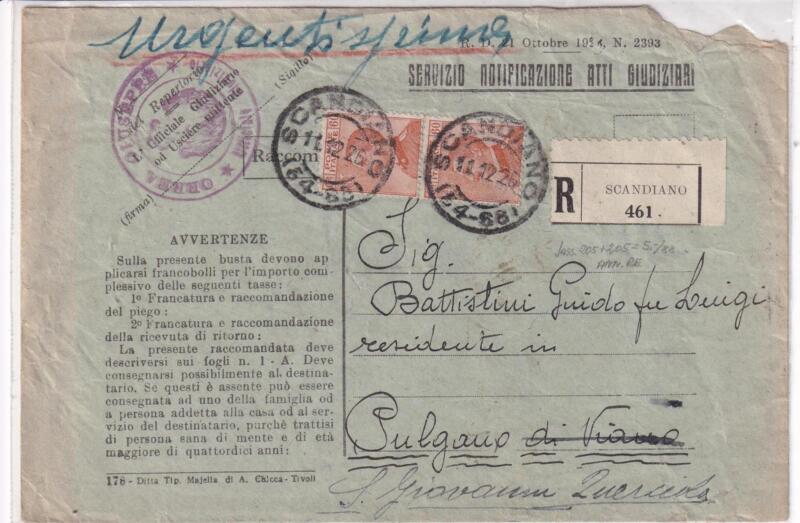 Storia postale. Atto giudiziario. Raccomandata da Scandiano R 461 del 11/12/1926 a San Giovanni Querciola 13/12/1926