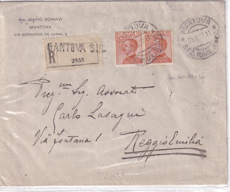 Storia postale. Raccomandata da Mantova S.R. R 2935 del 28/01/1927 a Reggio Emilia 04/01/1929