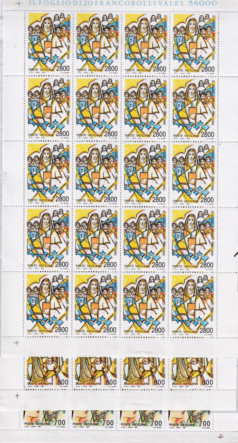 Fogli Francobolli Vaticano, Anno 1990, 450esimo anniversario della morte di Sant'Angela Merici (cat. n. 882-884)