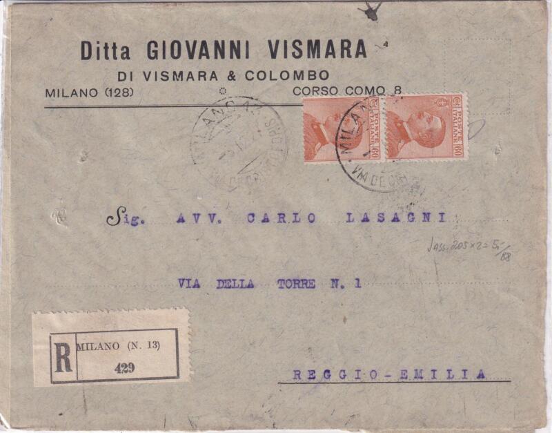 Storia postale. Raccomandata da Milano 13 R 429 del 05/12/1927 a Reggio Emilia 06/12/27