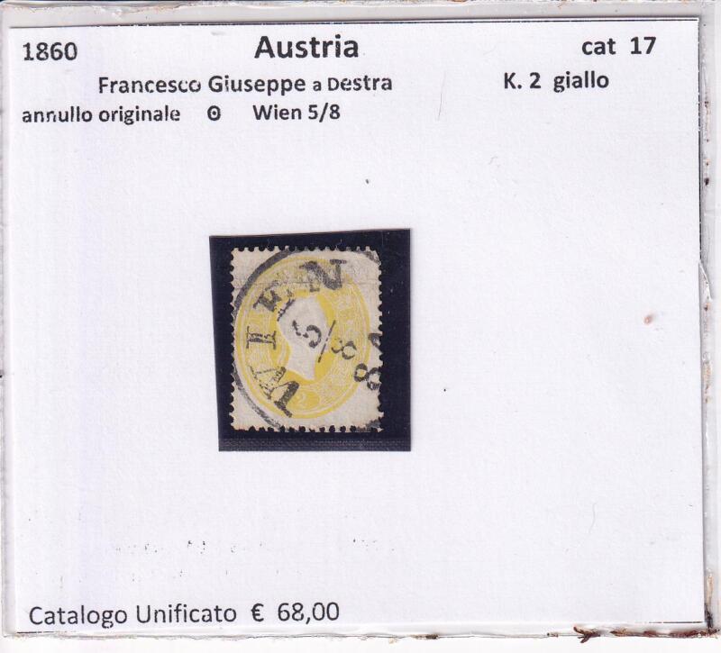 Francobollo Austria, Anno 1860, Effigie Francesco Giuseppe a destra Kreuzer 2 giallo (cat. n. 17)