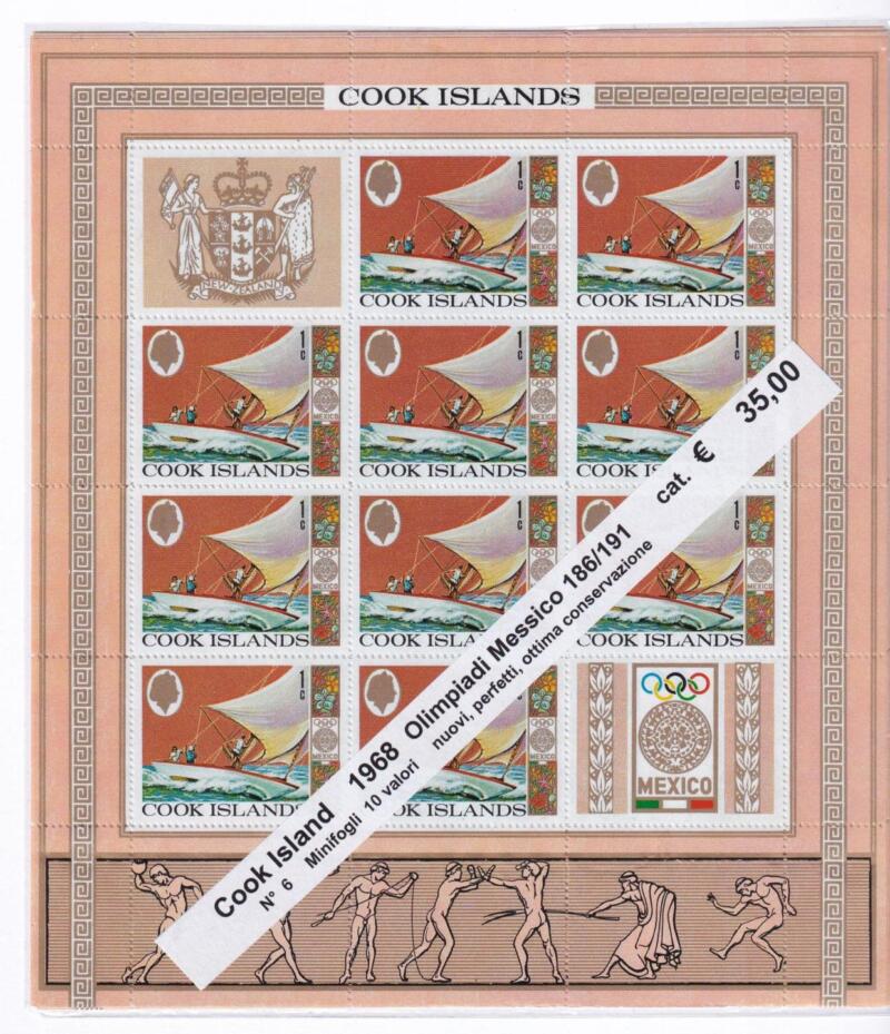 Minifoglio Cook Islands, Anno 1968, Olimpiadi Messico (cat. n. 186-191)
