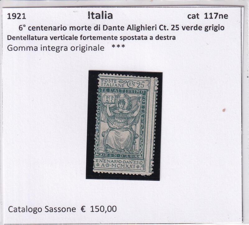 Francobollo Regno d’Italia, Anno 1921, Sesto centenario della morte di Dante Alighieri (cat. n. 117ne)