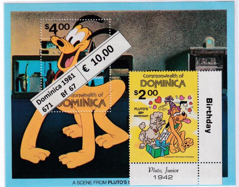 Francobollo e Foglietto Dominica, Tematica Disney, Anno 1981, 50esimo anniversario di Pluto (cat. n. 671. BF n. 67)