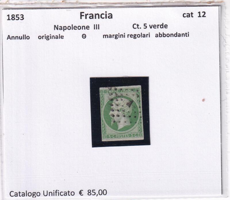 Francobollo Francia, Anni 1853-1860, Effigie dell'Imperatore Napoleone III Centesimi 5 verde (cat. n. 12)