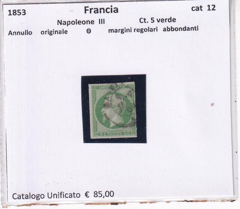 Francobollo Francia, Anni 1853-1860, Effigie dell'Imperatore Napoleone III Centesimi 5 verde (cat. n. 12)