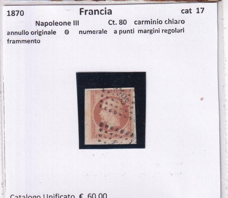 Francobollo Francia, Anni 1853-1860, Effigie dell'Imperatore Napoleone III Centesimi 80 carminio chiaro (cat. n. 17)
