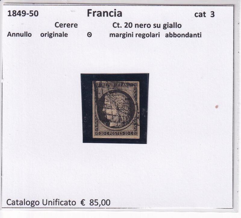 Francobollo Francia, Anni 1849-1859, Cerere Centesimi 20 nero su giallo (cat. n. 3)