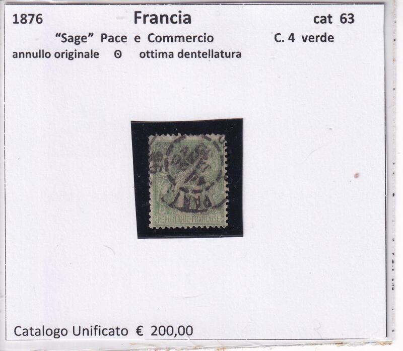 Francobollo Francia, Anni 1876-1881, Tipo Sage Gruppo allegorico Centesimi 4 verde (cat. n. 63)