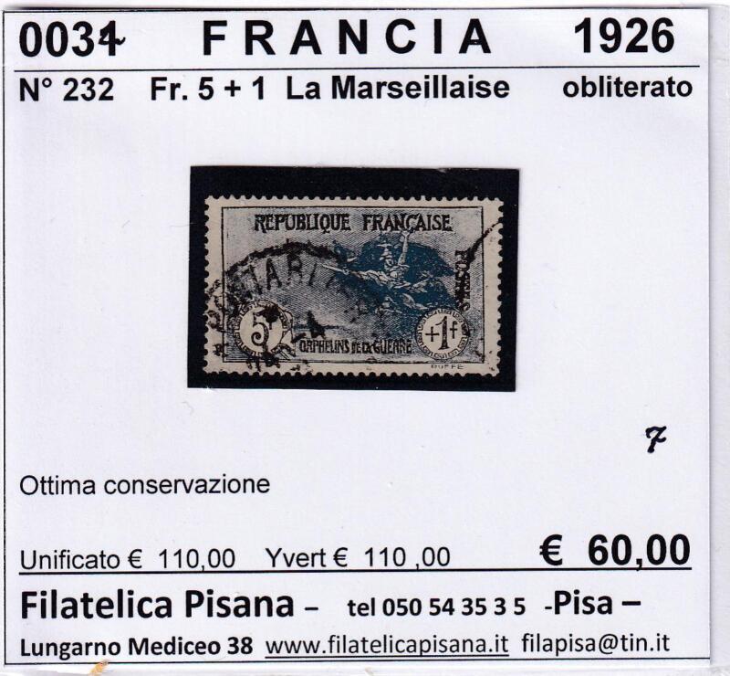Francobollo Francia, Anni 1926-1927, Serie Pro Orfani di guerra, Seconda serie, Valore da Franchi 5 + 1 La Marseillaise (cat. n. 232)