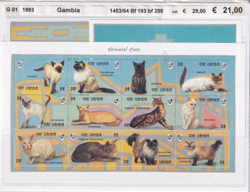 Francobolli e Foglietti Gambia, Anno 1993, Gatti (cat. n. 1453-1464, BF n. 193, BF n. 208)