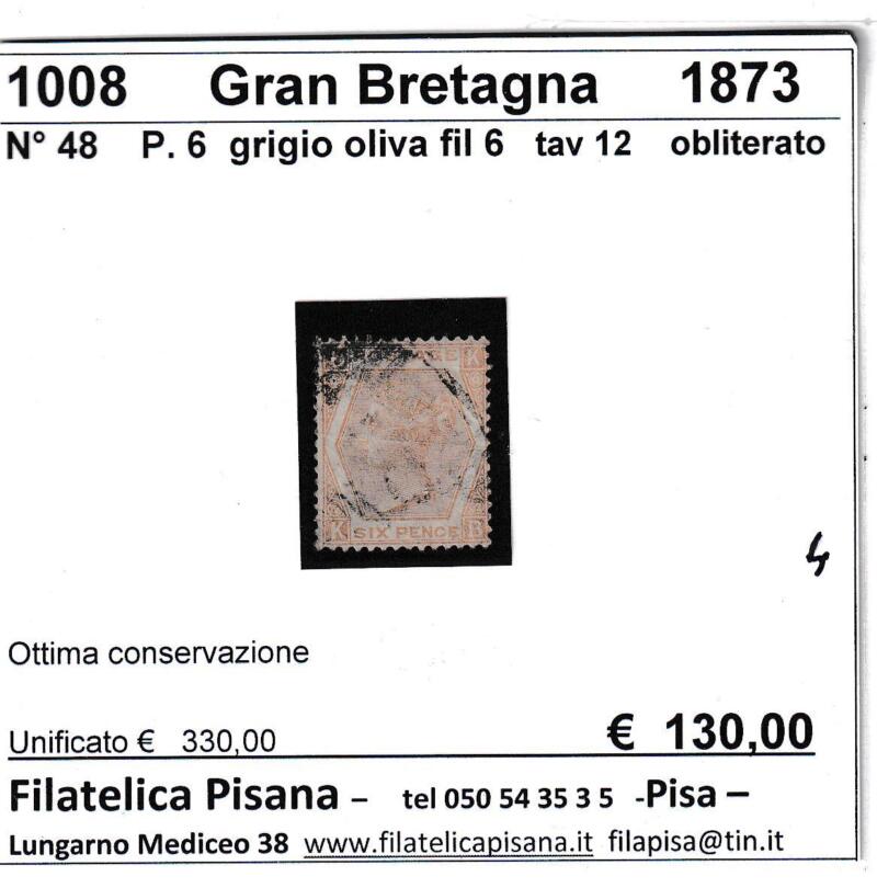 Francobollo Gran Bretagna, Anni 1872-1873, Effigie della Regina Vittoria Pence 6 grigio oliva (cat. n. 48)
