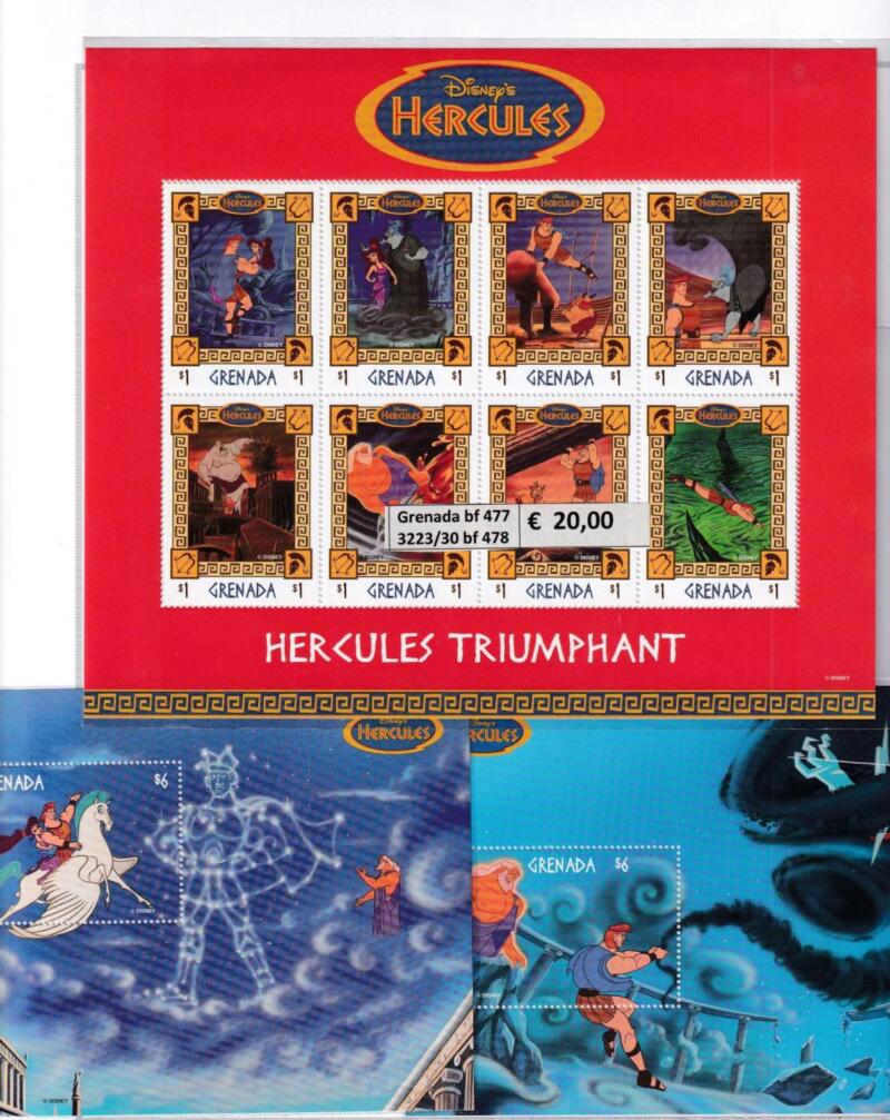 Francobolli e Foglietti Granada, Tematica Disney, Anno 1998, Hercules (cat. n. 3223-3230, n. 3231-3238, BF n. a77-478-479-480)