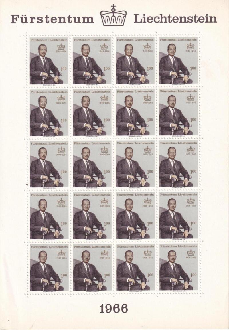 Foglio Francobolli Liechtenstein, Anno 1966, 60esimo compleanno del Principe Francesco Giuseppe II (cat. n. 412)
