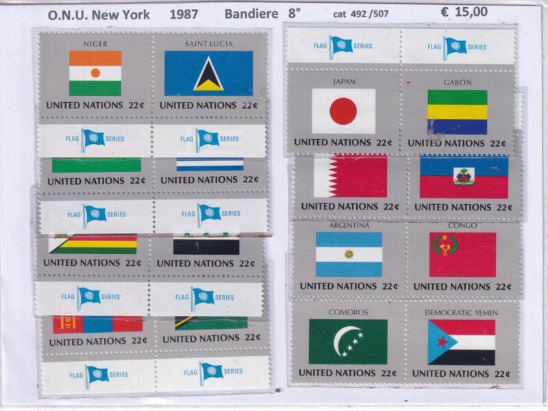 Francobolli ONU New York, Anno 1987, Bandiere 8 (cat. n. 492-507)