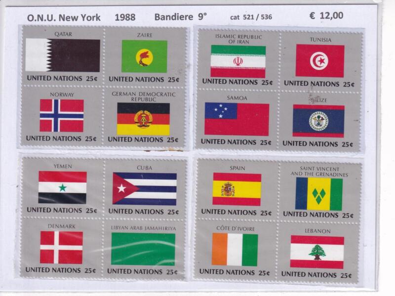 Francobolli ONU New York, Anno 1988, Bandiere 9 (cat. n. 521-536)
