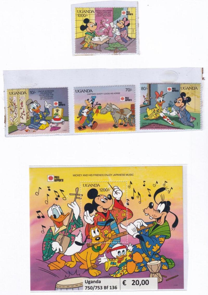 Francobolli e Foglietto Uganda, Tematica Disney, Anno 1991, Philanippon 91 (cat. n. 750-753, BF n. 137)