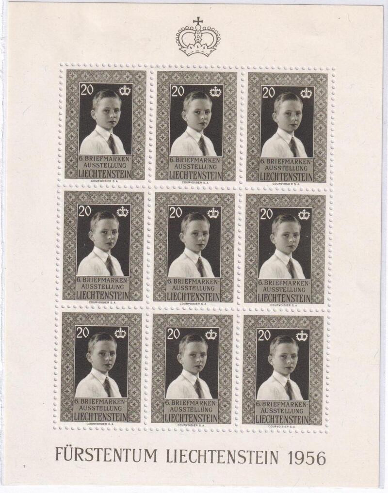 Minifoglio Liechtenstein, Anno 1956, Sesta esposizione filatelica. Effigie del Principe Giovanni Adamo (cat. n. 308)