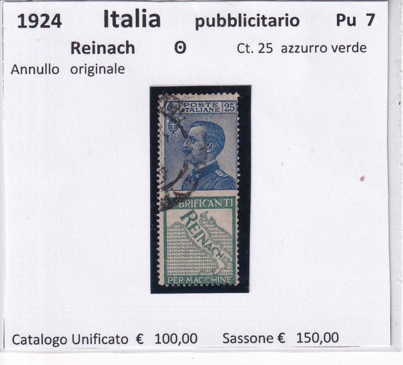 Francobollo Regno d’Italia, Anno 1924, Serie Francobolli Pubblicitari Reinach Centesimi 25 azzurro verde (cat. n. 7)
