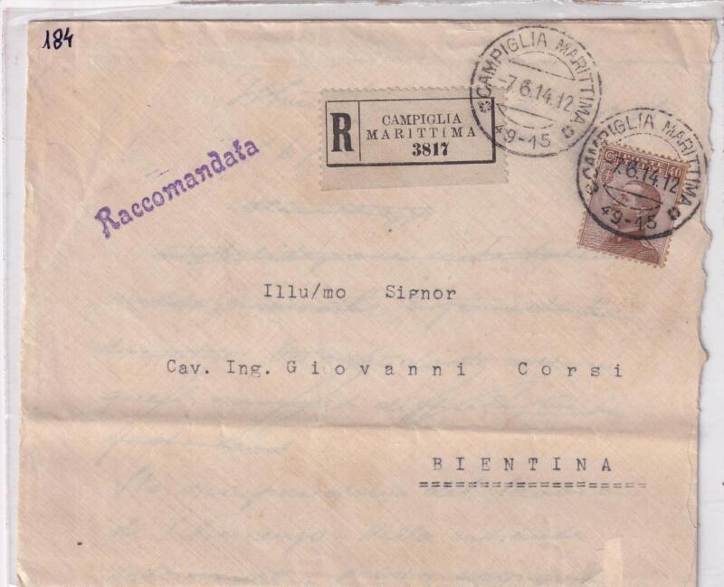 Storia postale. Raccomandata da Campiglia Marittima R 3817 del 07/06/1914 a Bientina (Pisa) 08/06/1914