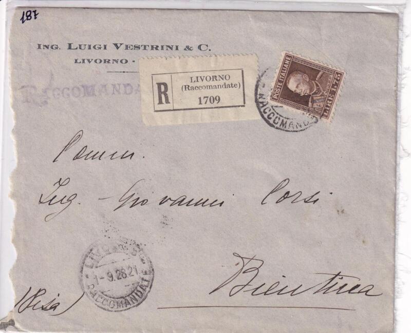 Storia postale. Raccomandata da Livorno R.1709 del 01/09/1928 a Bientina (Pisa) 01/09/1928