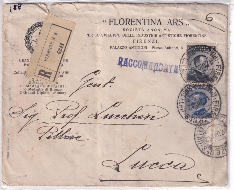 Storia postale. Raccomandata da Firenze N. 8 R.5241 del 17/12/1912 a Lucca 17/12/1912