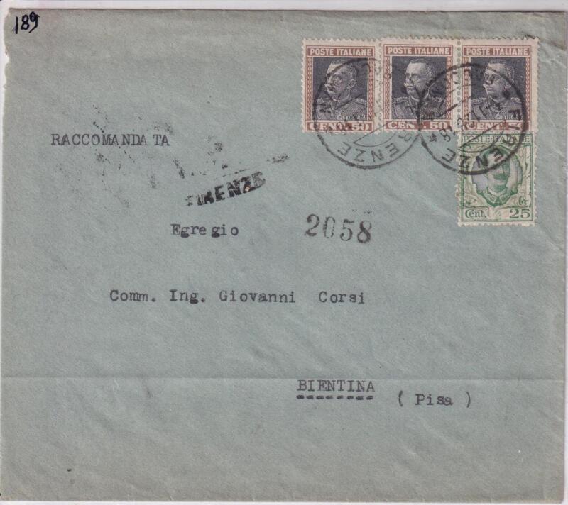 Storia postale. Raccomandata da Firenze R 2058 del 03/11/1928 a Bientina (Pisa) 03/11/1928