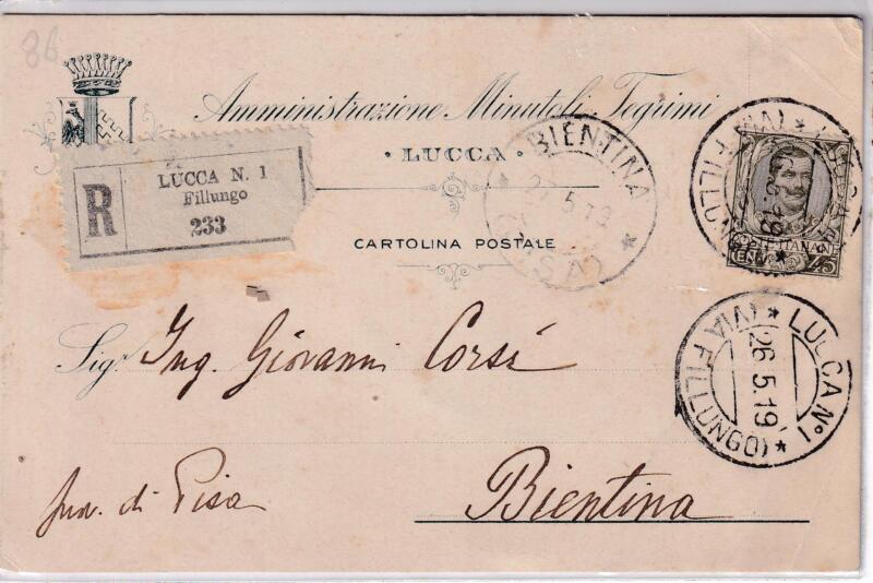 Storia postale. Cartolina Raccomandata da Lucca N. 1 Fillungo R 233 del 26/05/1919 a Bientina (Pisa) 27/05/1919